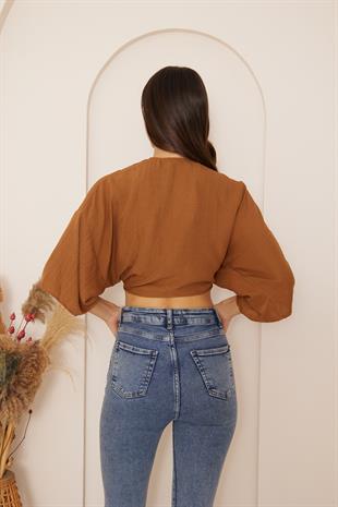 Kadın Kahverengi Önden Bağlamalı Crop Kimono DM7004