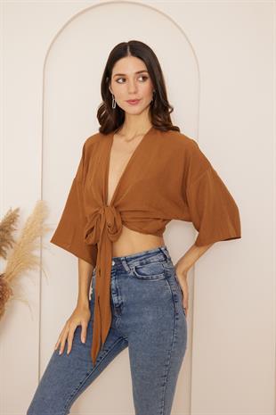 Kadın Kahverengi Önden Bağlamalı Crop Kimono DM7004