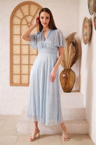 Kadın Mavi Simli Tül Üzeri Gri Puantiyeli  Astarlı Abiye Elbise DM45948