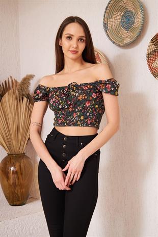Kadın Siyah Çiçek Desenli Gipe Detaylı Crop Bluz DM7000