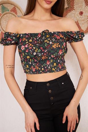 Kadın Siyah Çiçek Desenli Gipe Detaylı Crop Bluz DM7000