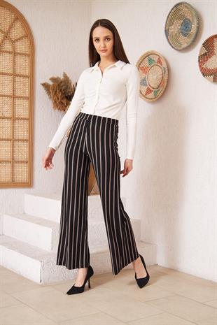 Kadın Siyah Çizgili Krep Pantolon DM48325