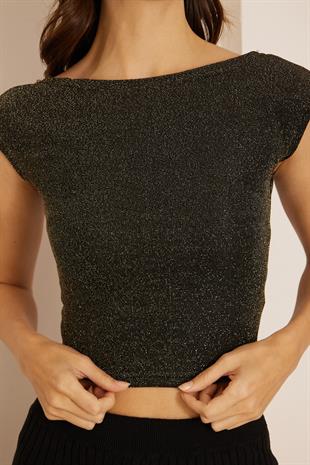 Kadın Siyah Gold Simli Sırt Dekolteli Crop Bluz DM8001