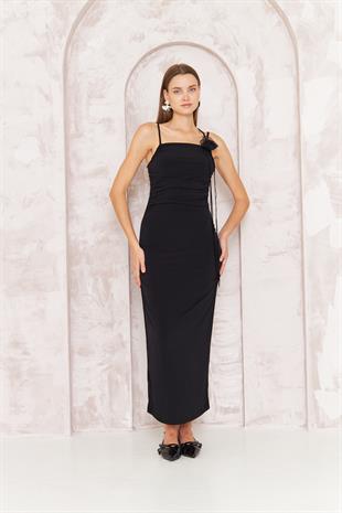 Kadın Siyah Gül Detaylı Bodycon Askılı Midi Elbise DM1053