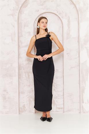 Kadın Siyah Gül Detaylı Bodycon Askılı Midi Elbise DM1053