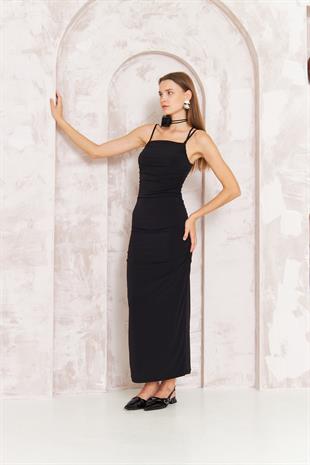 Kadın Siyah Gül Detaylı Bodycon Askılı Midi Elbise DM1053