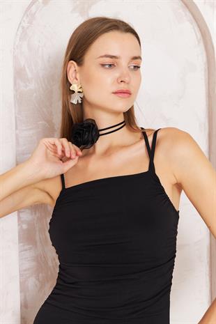 Kadın Siyah Gül Detaylı Bodycon Askılı Midi Elbise DM1053