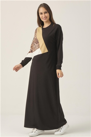Siyah Leopar Detaylı Maxi Boy Elbise DM400