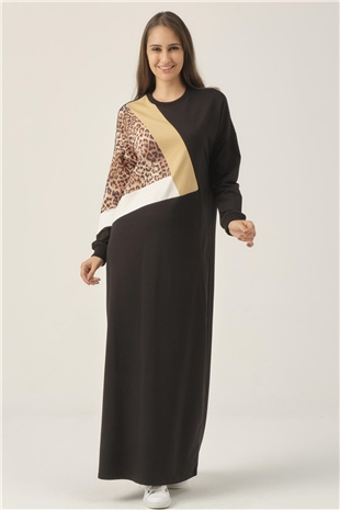 Siyah Leopar Detaylı Maxi Boy Elbise DM400