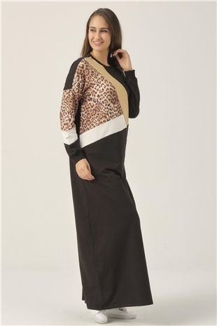 Siyah Leopar Detaylı Maxi Boy Elbise DM400