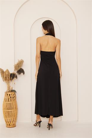 Kadın Siyah Yırtmaçlı Önü Düğüm Detaylı Maxi Boy Elbise DM1033