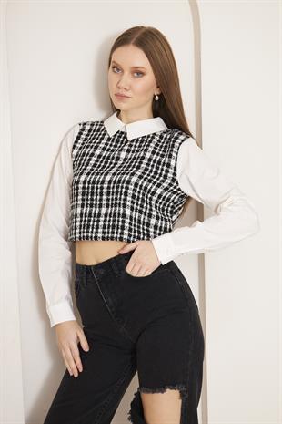 Kadın Siyah Tweed Gömlek Yaka Crop Bluz DM9002