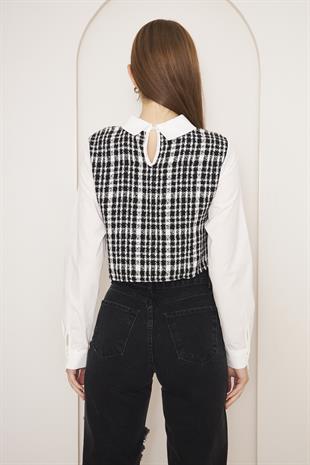 Kadın Siyah Tweed Gömlek Yaka Crop Bluz DM9002