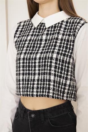 Kadın Siyah Tweed Gömlek Yaka Crop Bluz DM9002