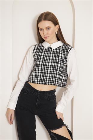 Kadın Siyah Tweed Gömlek Yaka Crop Bluz DM9002