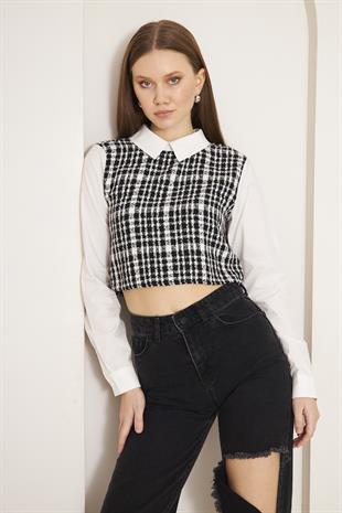 Kadın Siyah Tweed Gömlek Yaka Crop Bluz DM9002