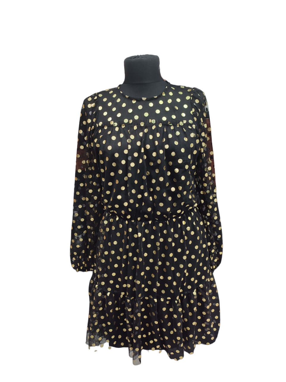 Kadın Siyah Gold Puantiyeli Uzun Kollu Mini Elbise DM80148