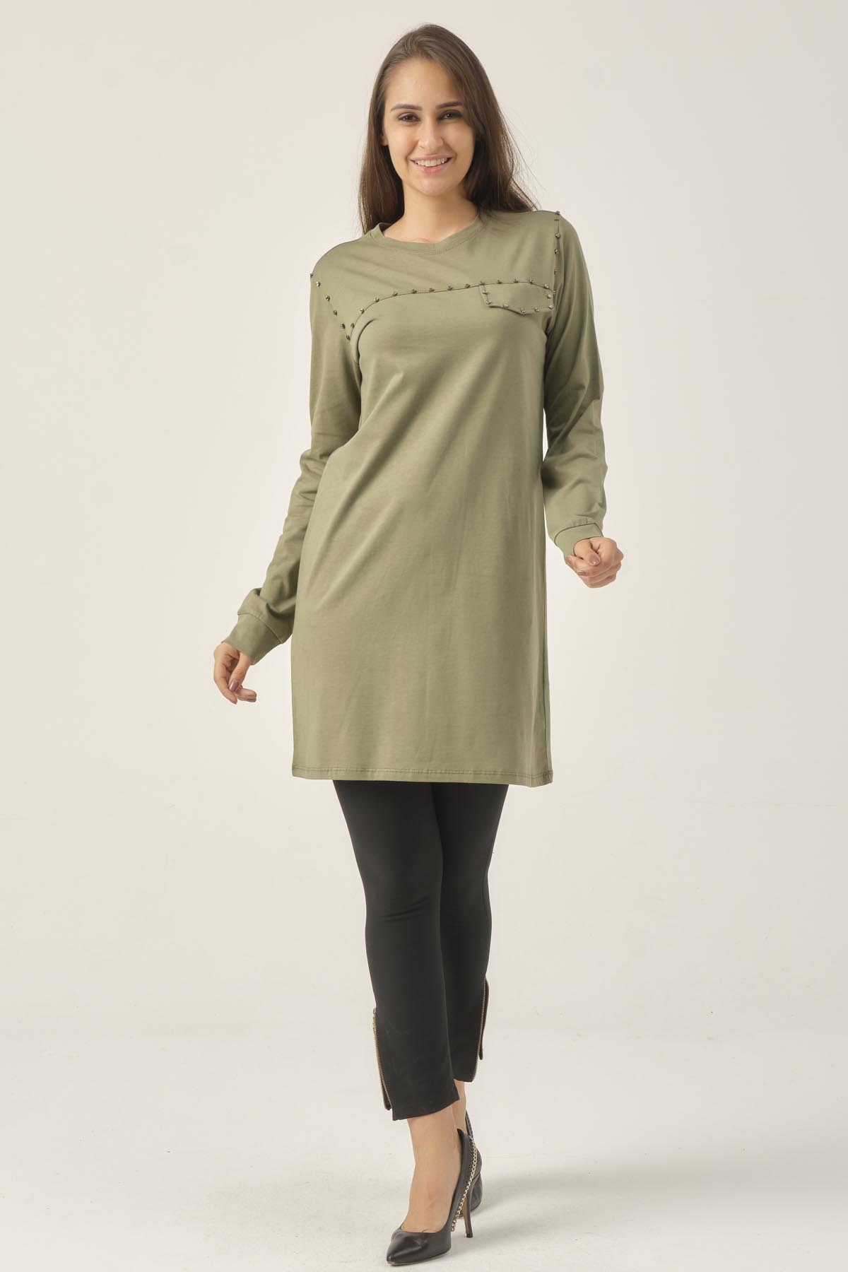 Soft Haki Taşlı Sıfır Yaka Tunik DM230