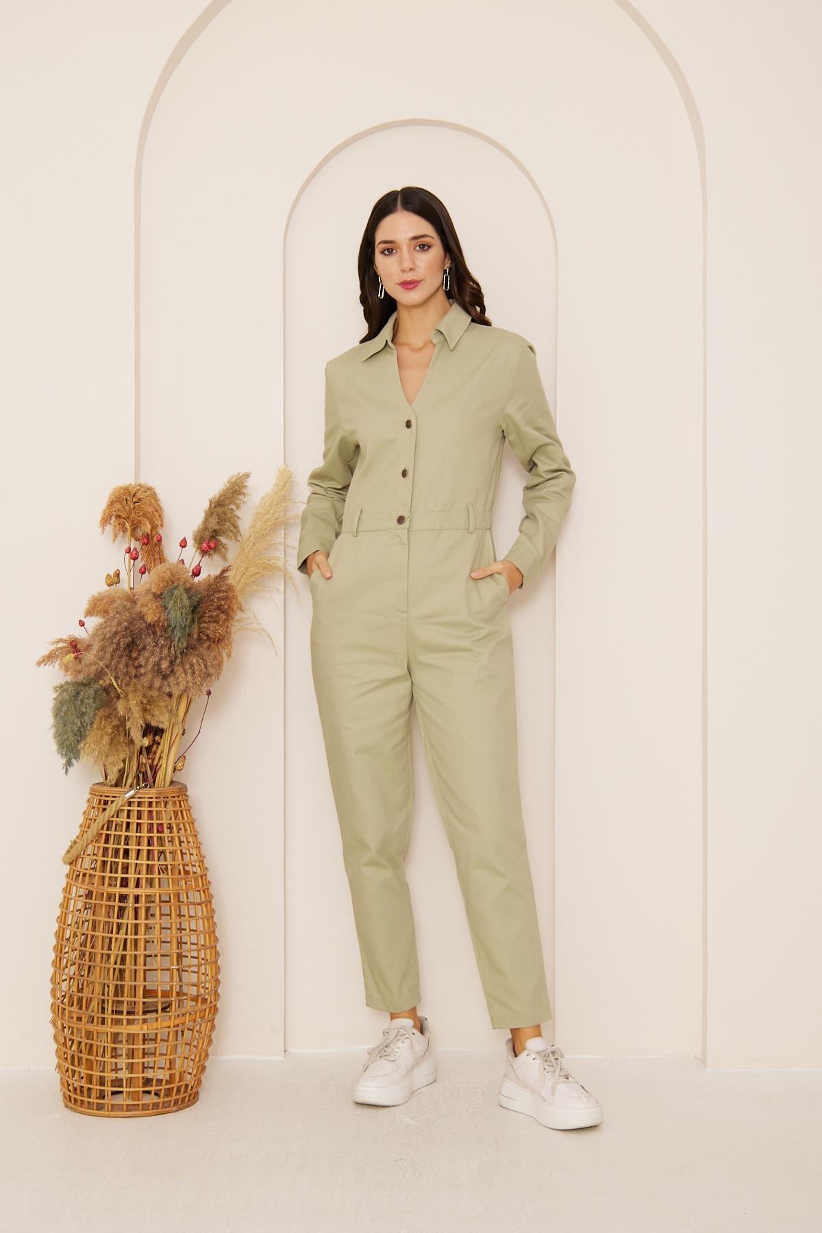 Yeşil Cepli Gabardin Tulum DM4004