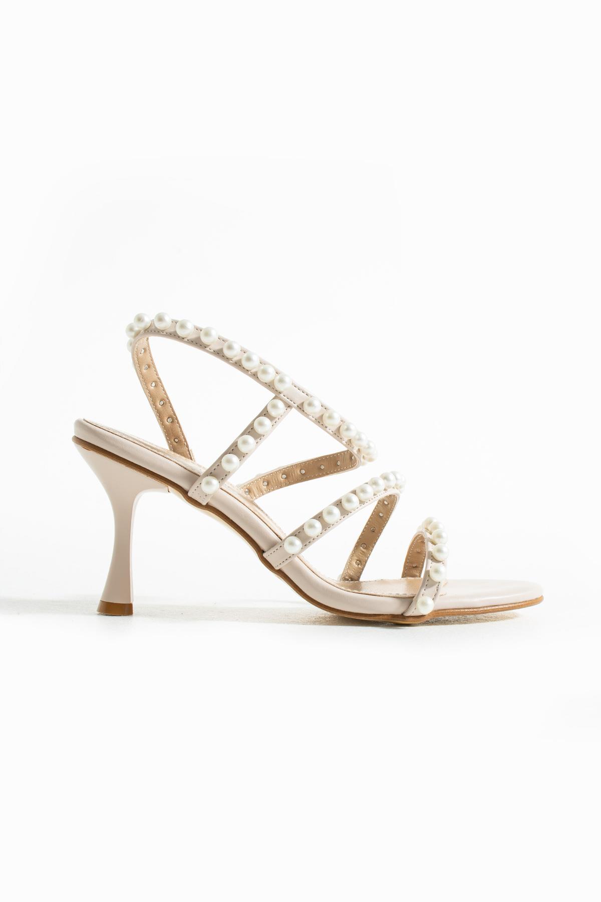 Merlin Krem İnci Detay Kadın Topuklu Sandalet