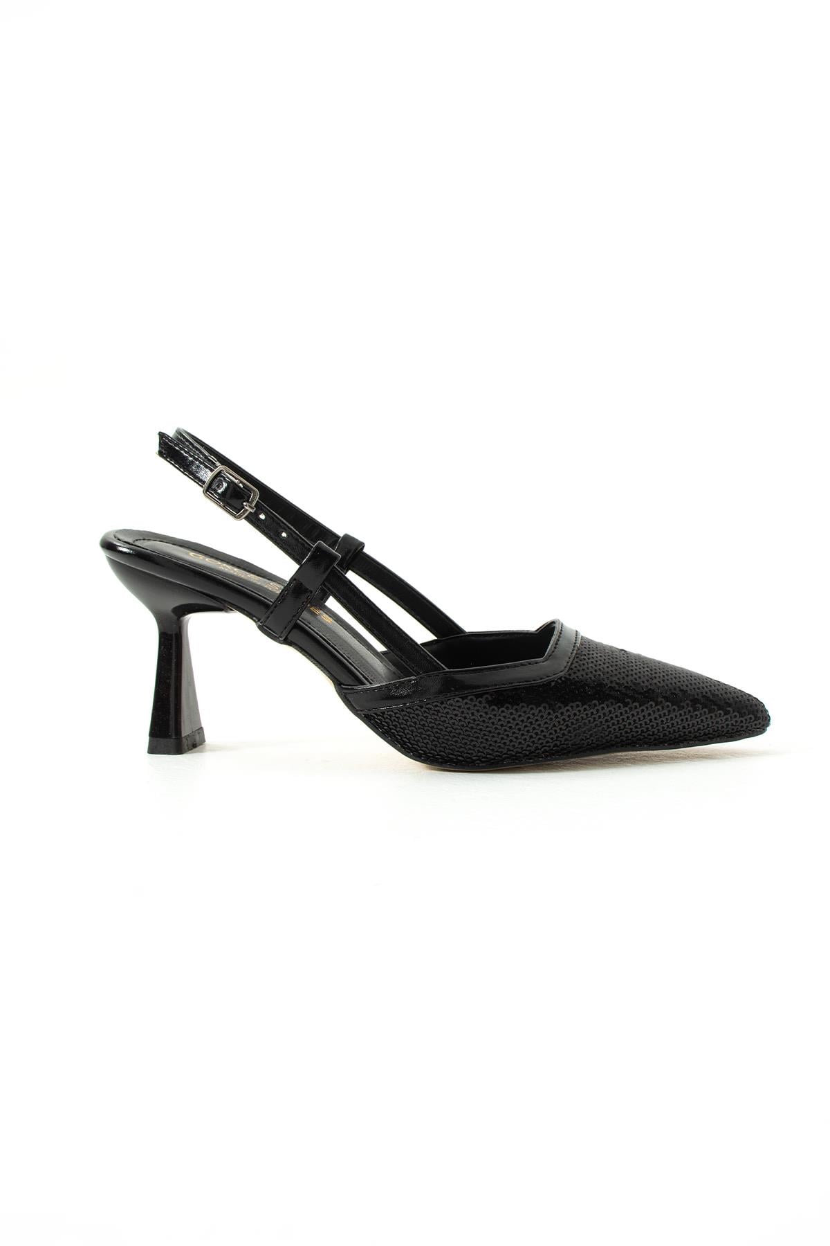 MİSHEL SİYAH PULLU ARKASI AÇIK KADIN TOPUKLU AYAKKABI