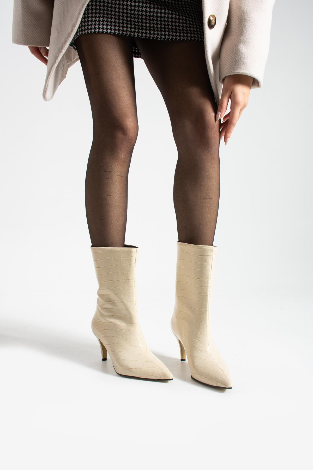 Raven Bej Kroko Geniş Konç Günlük Kullanım Kadın Topuklu Bot