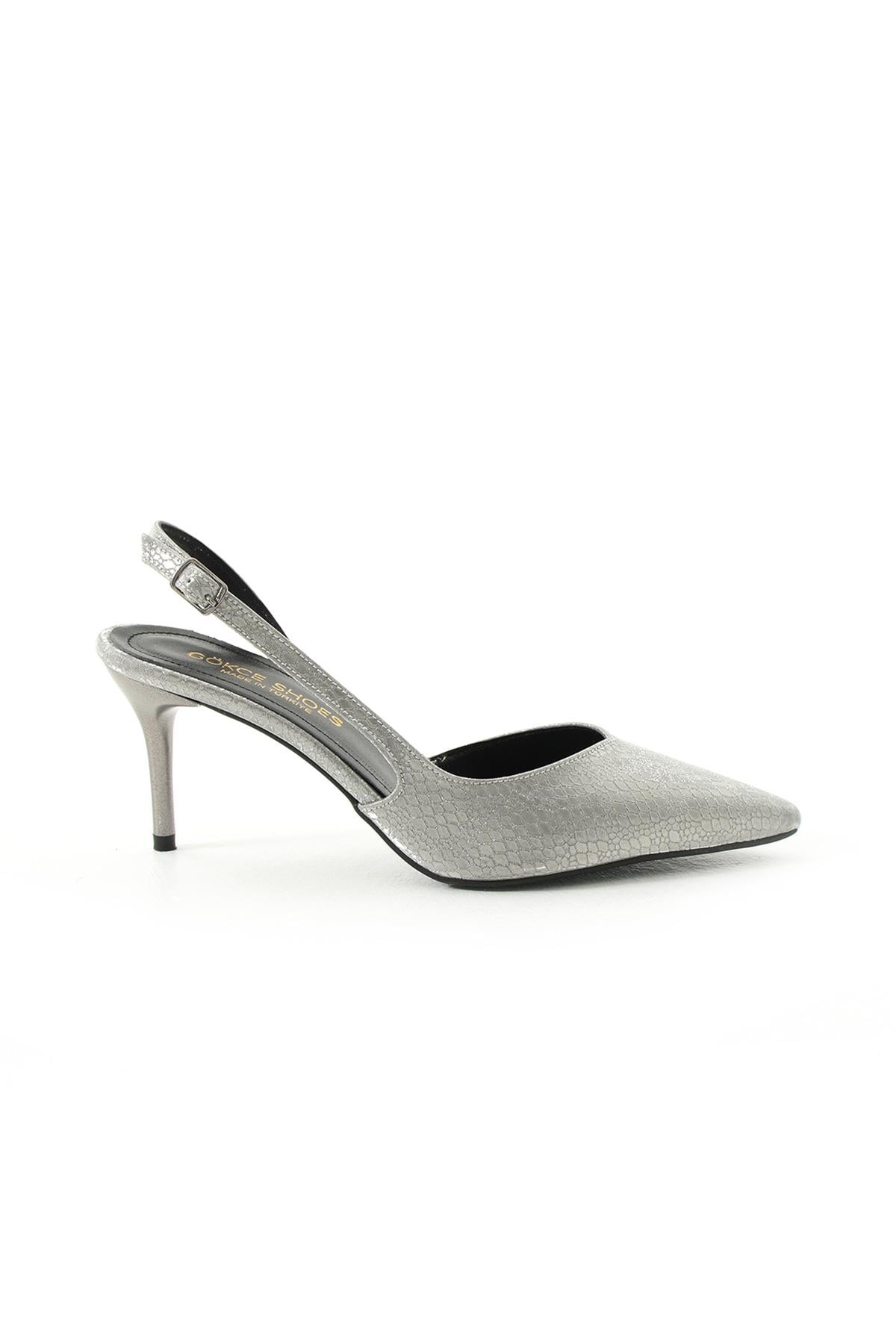 Sofie Platin Simli Kemerli Arkası Açık Kadın Topuklu Ayakkabı