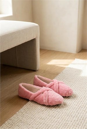 Beau Pembe Peluş Çapraz Detay Kadın Ev Babet