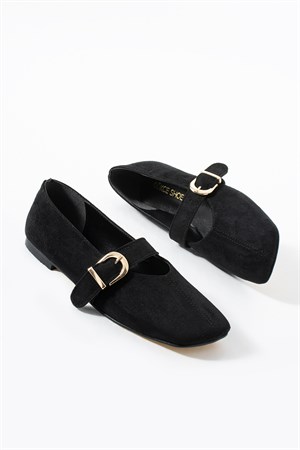 Dopmi Siyah Süet Köşeli Kalıp Kemer Detay Kadın Babet Ayakkabı