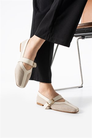 Malin Bej Süet Küt Kalıp Kemer Detay Kadın Babet Ayakkabı