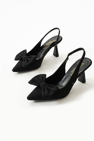 Minda Siyah Mat Saten Fiyonk Detay Kadın Topuklu Ayakkabı