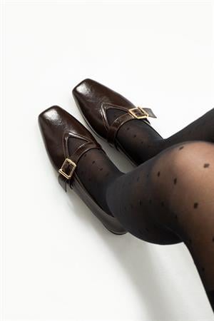 Nova Acı Kahve Desenli Rugan Toka Detay Küt Kalıp Kadın Babet Ayakkabı