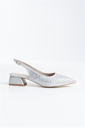 Velmora Gümüş Taş Desen Detay Arkası Açık Kadın Topuklu Babet