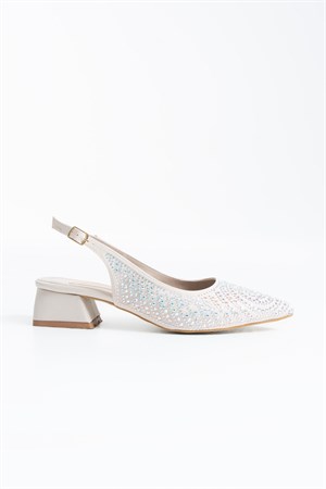 Velmora Krem Taş Desen Detay Arkası Açık Kadın Topuklu Babet