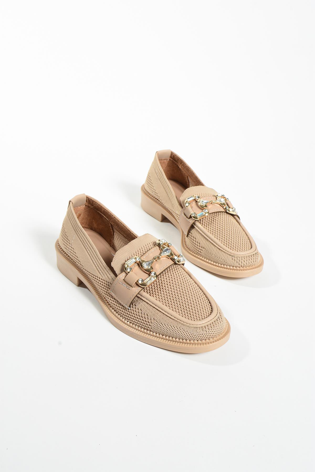 Alaina Koyu Krem Taşli Toka Detay Triko Kadin Loafer Ayakkabi