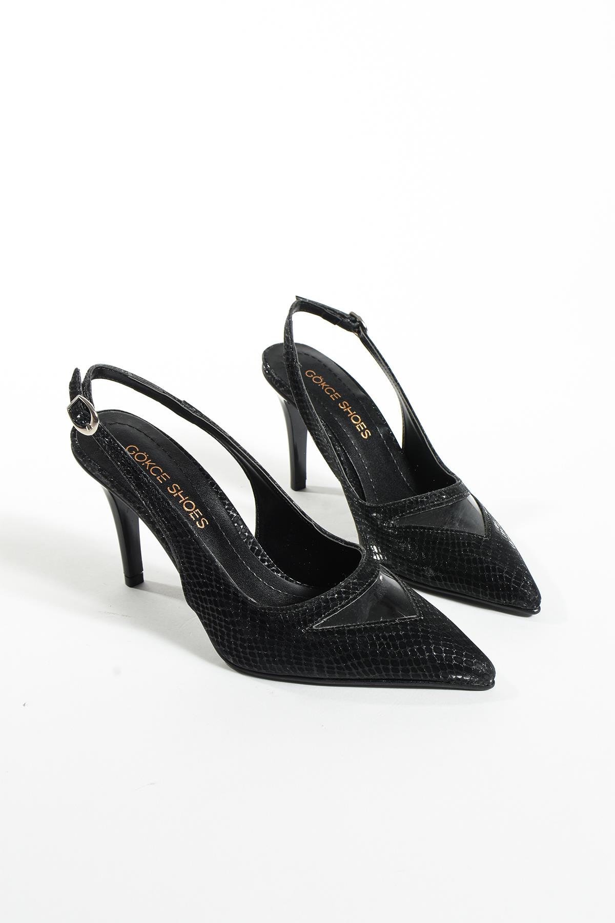 Alix Siyah Şeffaf Dekolte Detay Simli Topuklu Kadin Ayakkabi