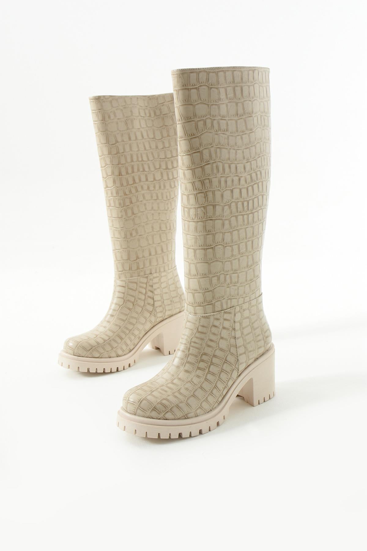 Clair Krem Kroko Diz altı Günlük Kullanım Topuklu Kadın Çizme