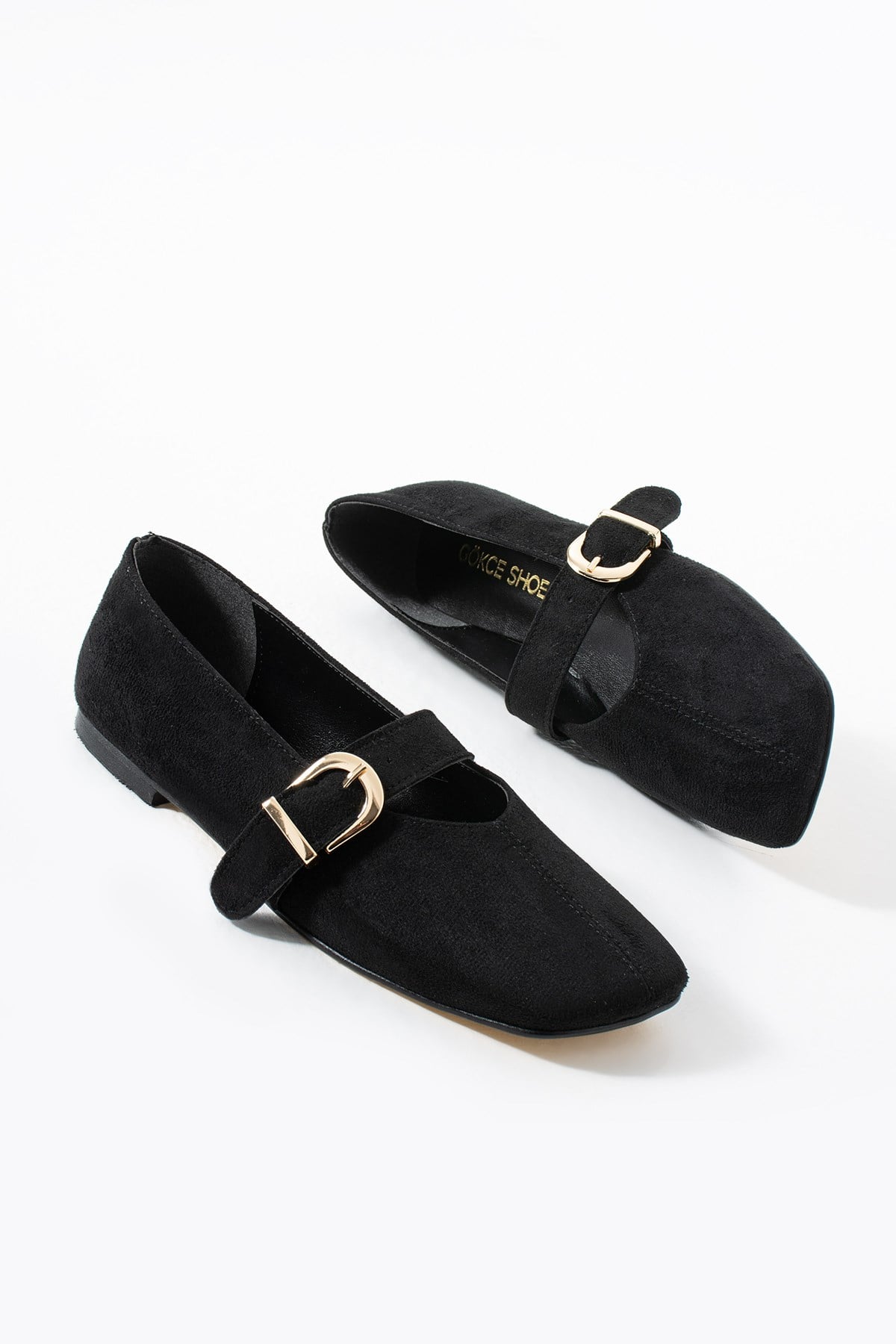 Dopmi Siyah Süet Köşeli Kalıp Kemer Detay Kadın Babet Ayakkabı