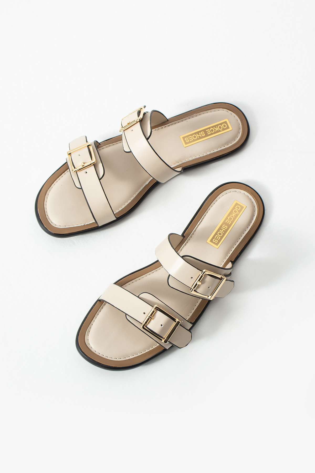 İmperio Bej Çift Tokalı Düz Taban Kadın Terlik