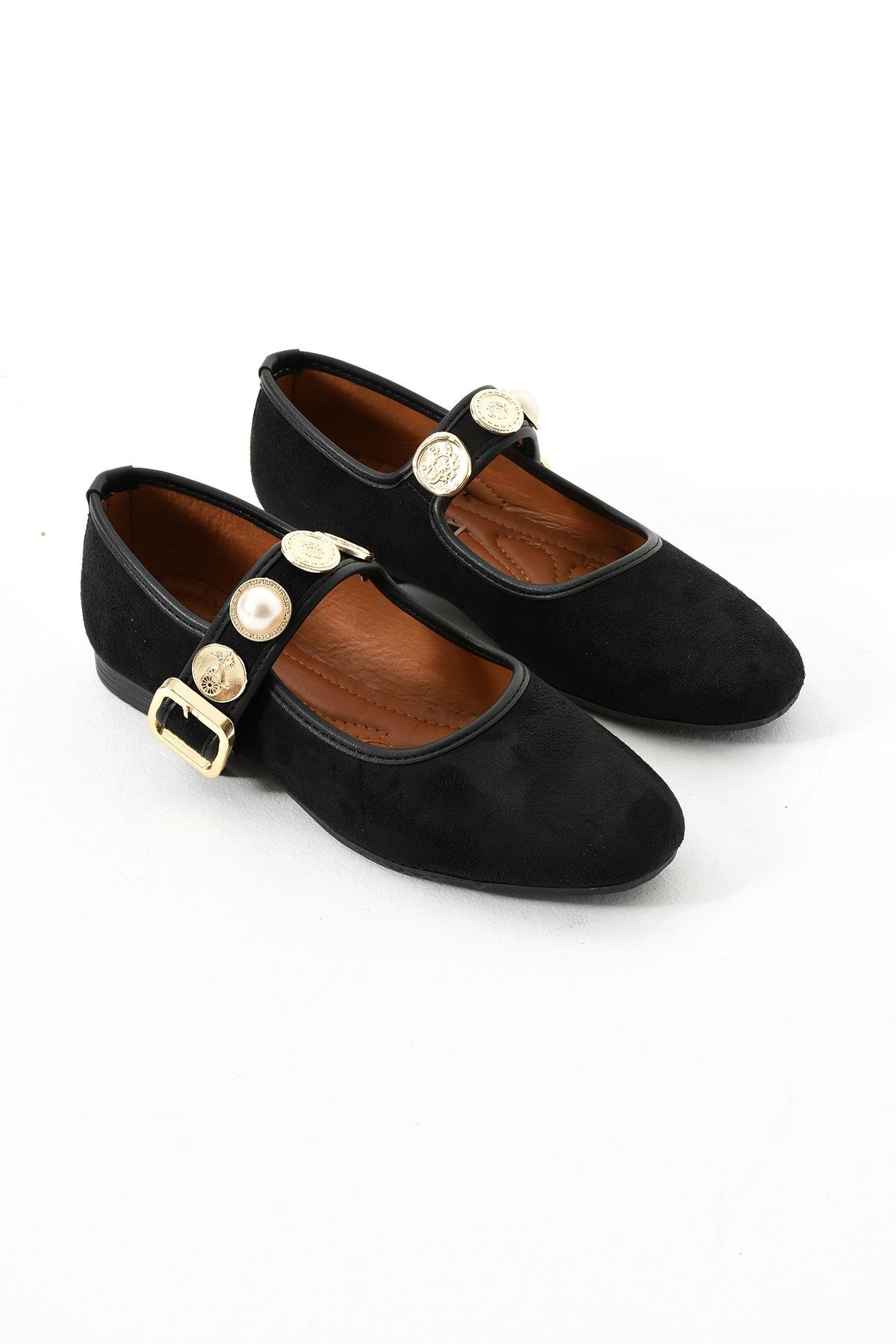 Neza Siyah Nubuk Aksesuar Detay Kemerli Kadın Babet Ayakkabı