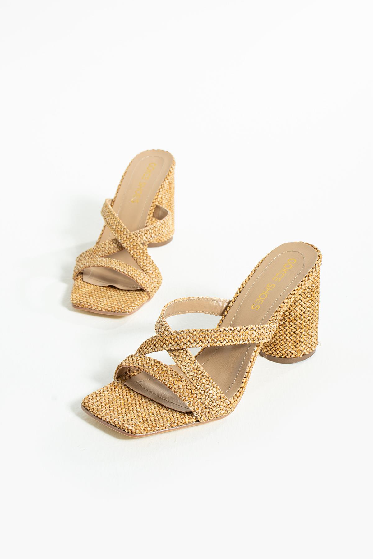 Teresa Taba Çapraz Biyeli Hasır Kadın Topuklu Terlik