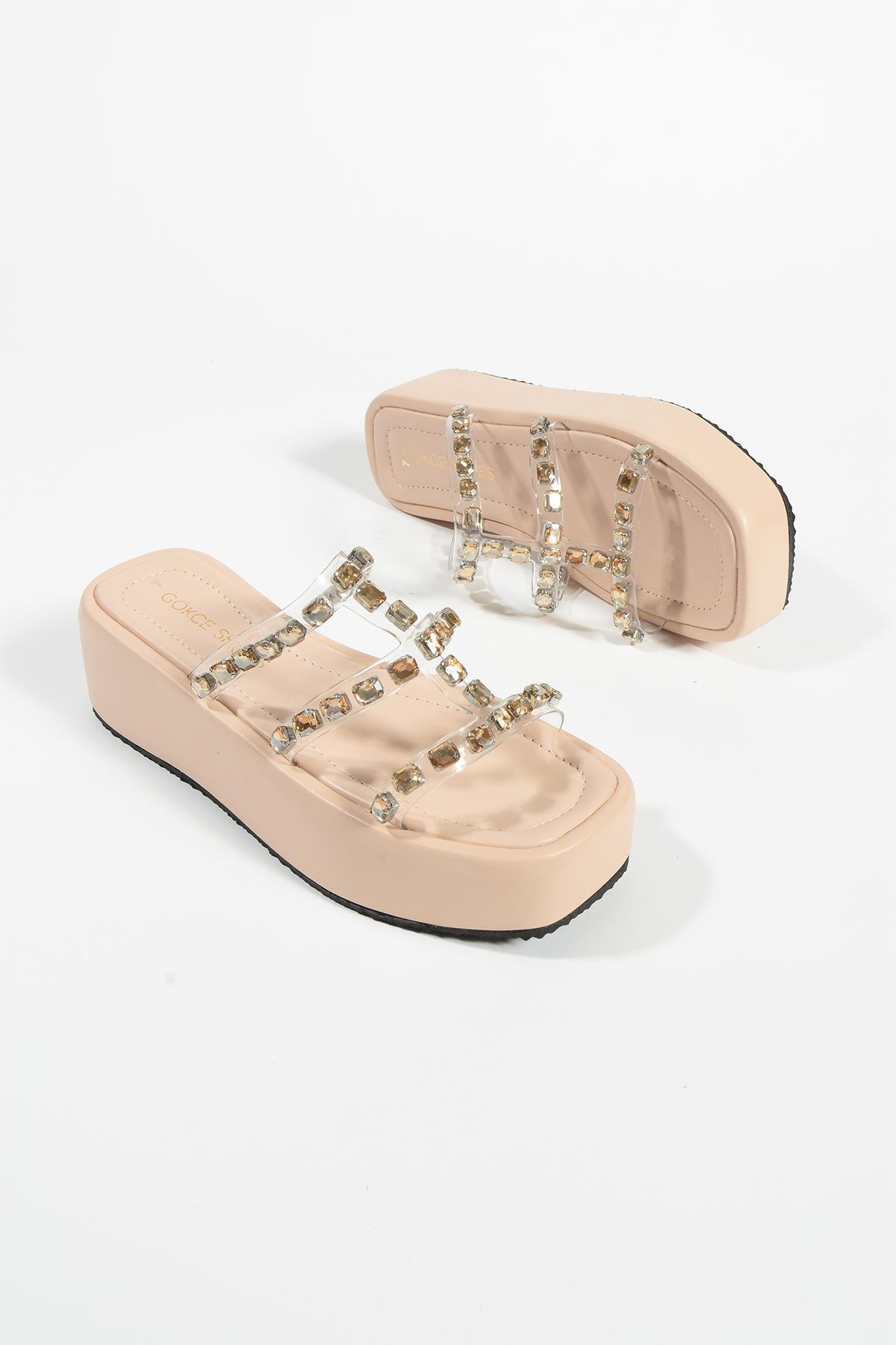 Valentin Krem Şeffaf Taş Detay Kadın Terlik