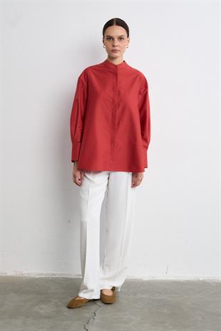 AKORDİYON POPLİN GÖMLEK KIRMIZI