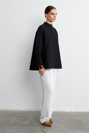 AKORDİYON POPLİN GÖMLEK SİYAH