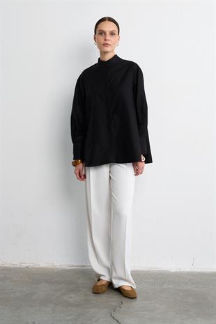 AKORDİYON POPLİN GÖMLEK SİYAH