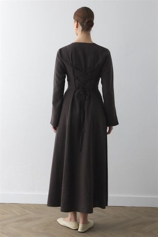 ARKASI İPLİ PARÇALI ELBİSE ACI KAHVE