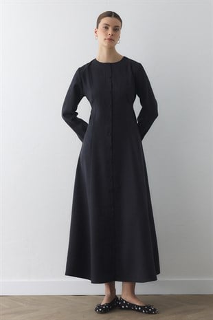 ARKASI İPLİ PARÇALI ELBİSE SİYAH