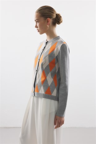 BAKLAVA DESENLİ TRİKO HIRKA TURUNCU - GRİ