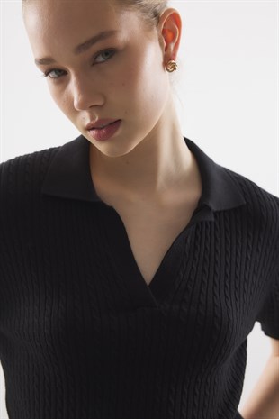 BALIKSIRTI DESEN TRİKO BLUZ SİYAH