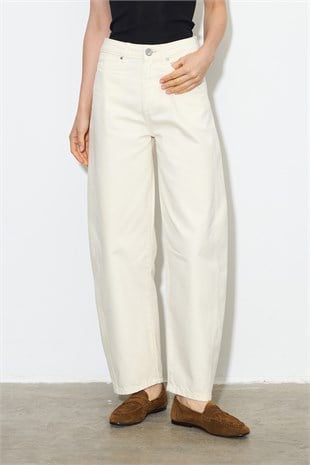Barrel Fit Denim Pantolon Ekru